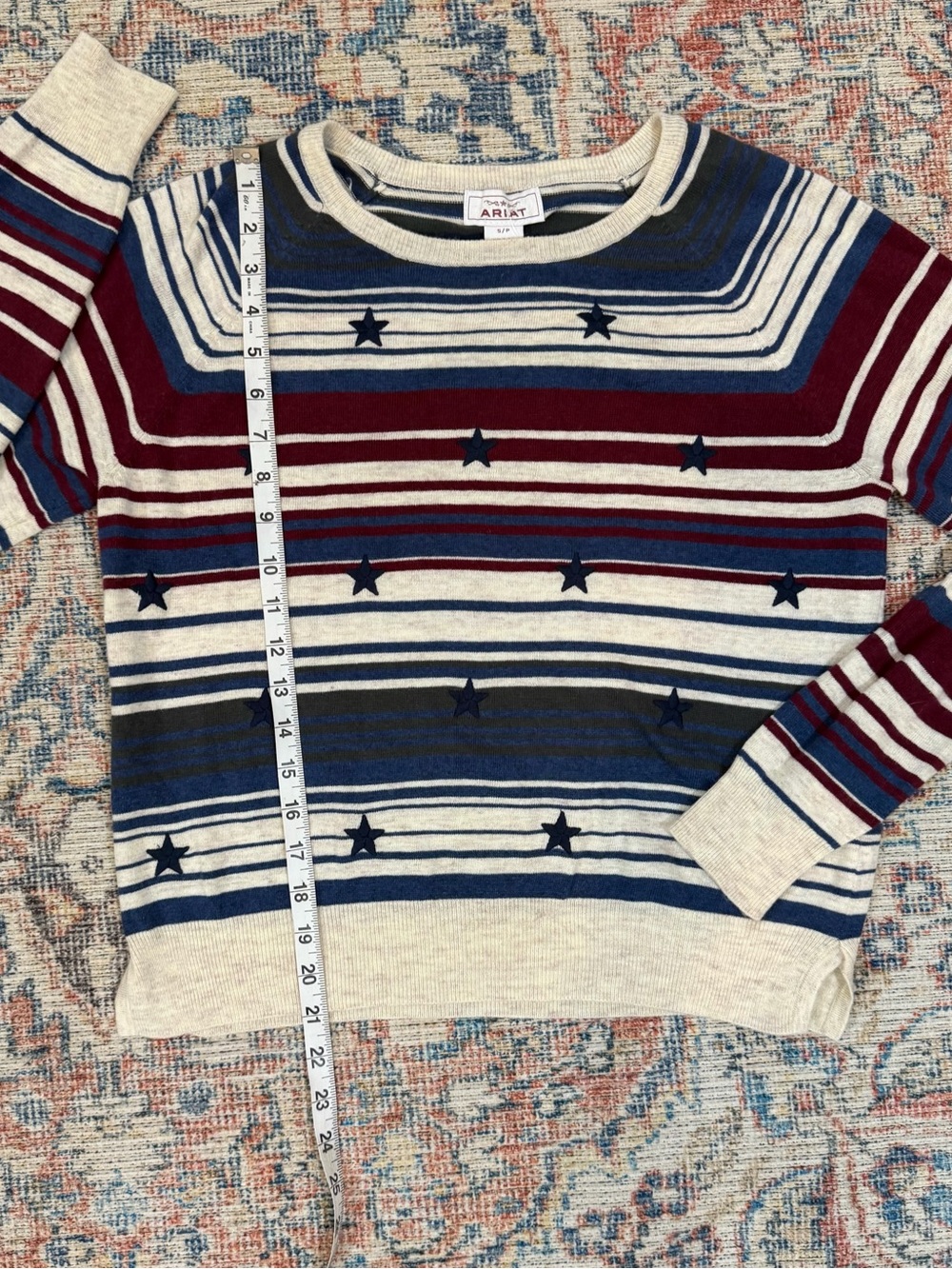 ARIAT Stars and Stripes Knit Top Sweater Red White Blue Patriotic 4th of July S - Picture 7 of 9